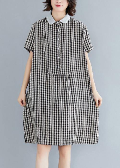 DIY Peter pan Collar Cotton summer clothes For Women black plaid Dress - SooLinen