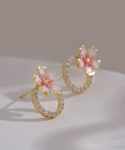 DIY Pink 14K Gold Zircon Oil Drip Floral Stud Earrings