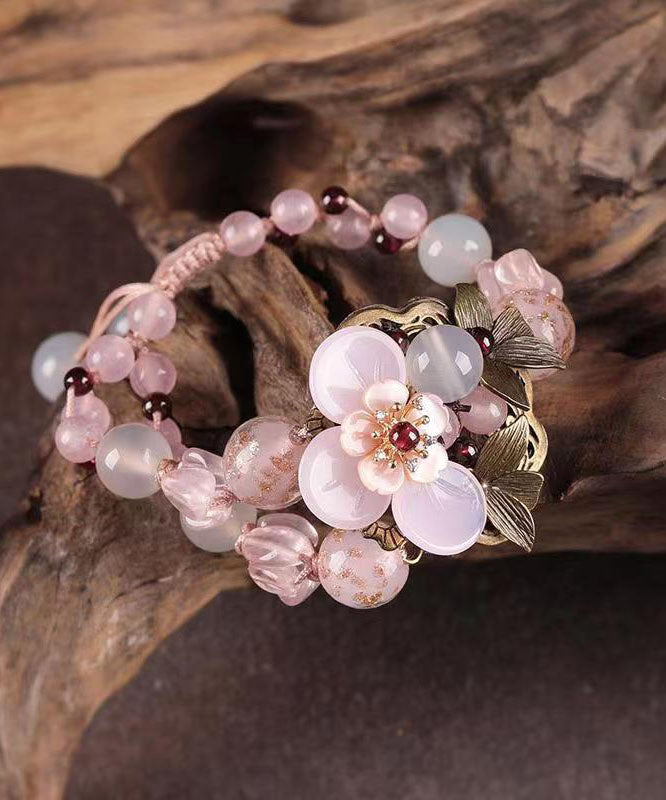DIY Pink Alloy Crystal Coloured Glaze Agate Shell Flower Charm Bracelet