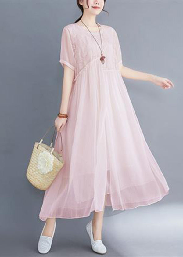 DIY Pink Embroidered Exra Large Hem Cotton Long Dress Summer