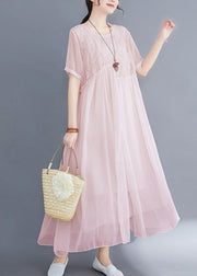 DIY Pink Embroidered Exra Large Hem Cotton Long Dress Summer
