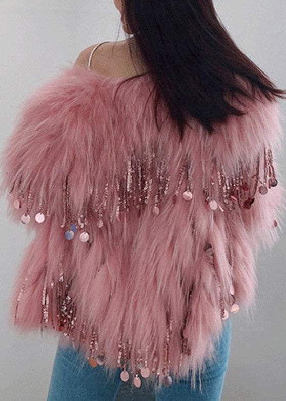 DIY Pink O-Neck Tassel Leather And Faux Fur Coats Winter