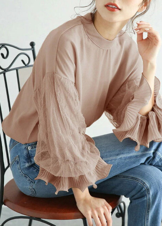 DIY Pink O-Neck Tulle Patchwork Chiffon Shirt Lantern Sleeve