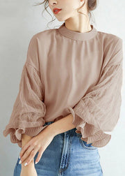 DIY Pink O-Neck Tulle Patchwork Chiffon Shirt Lantern Sleeve