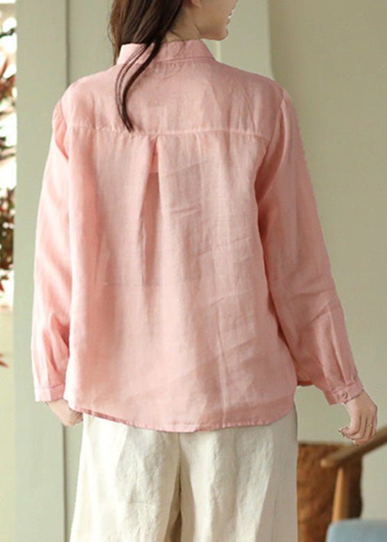 DIY Pink Peter Pan Collar Solid Ramie Shirts Spring