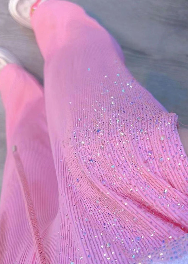 DIY Pink Pockets Zircon Patchwork Ice Silk Wide Leg Pants Summer