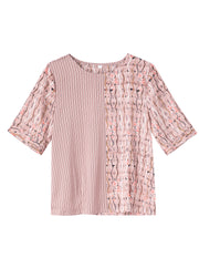 DIY Pink Print Striped Patchwork Silk T Shirt Short Sleeve