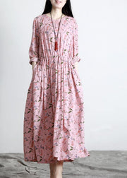 DIY Pink Print V Neck Long sleeve Party Summer Cotton Dress - SooLinen