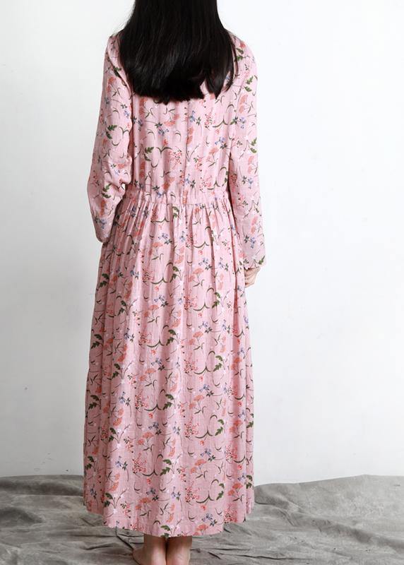 DIY Pink Print V Neck Long sleeve Party Summer Cotton Dress - SooLinen