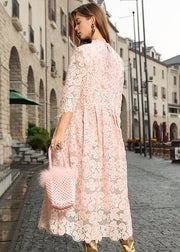 DIY Pink Stand Collar Hollow Out Patchwork Lace Maxi Dresses Bracelet Sleeve