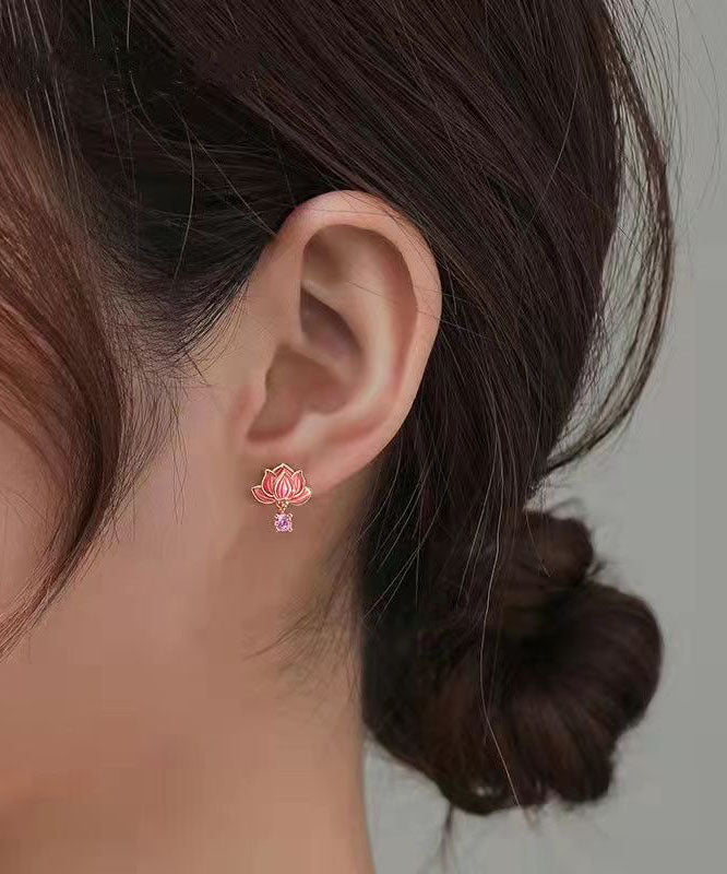DIY Pink Sterling Silver Overgild Inlaid Zircon Enamerl Stud Earrings