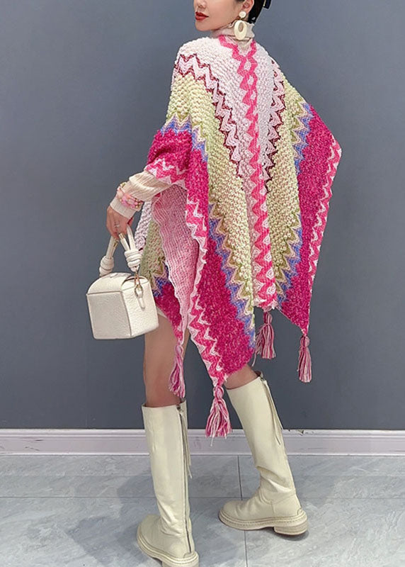 DIY Pink Striped Patchwork Tassel Knit Cape Fall