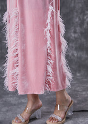 DIY Pink Tasseled Silk Velour Vacation Dresses Fall