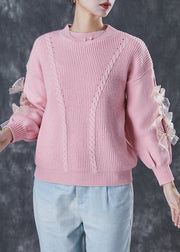 DIY Pink Thick Patchwork Bow Knit Sweater Winter