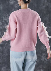 DIY Pink Thick Patchwork Bow Knit Sweater Winter