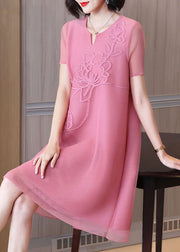 DIY Pink V Neck Embroidered Nail Bead Tulle Mid Dresses Short Sleev