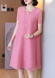 DIY Pink V Neck Embroidered Nail Bead Tulle Mid Dresses Short Sleev