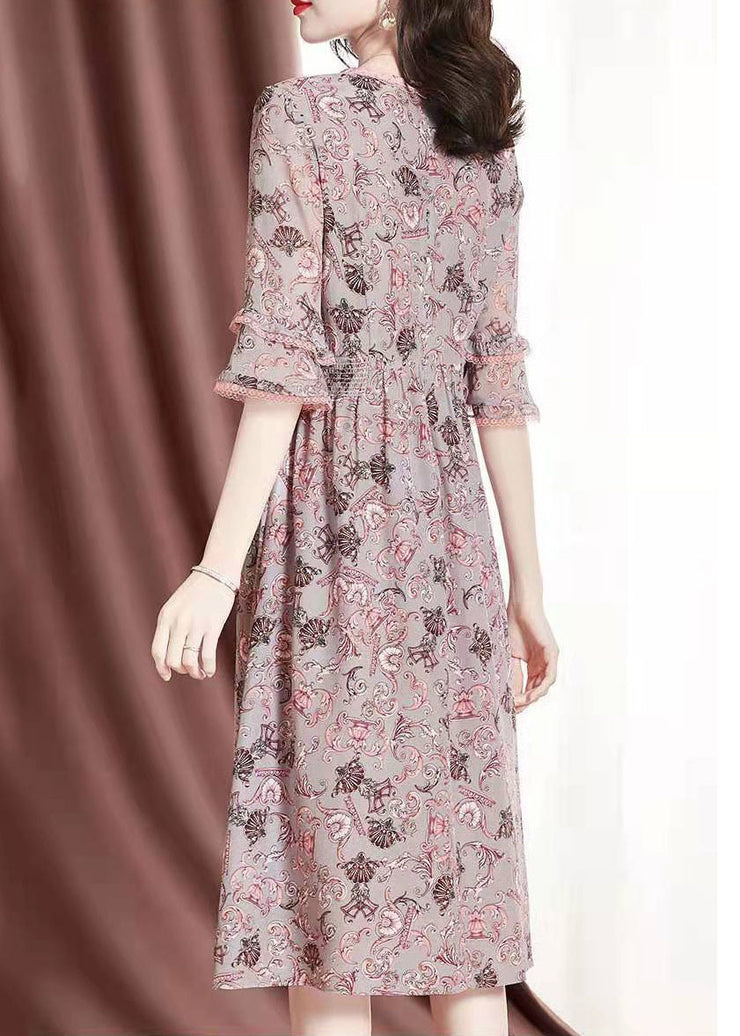 DIY Pink V Neck Lace Patchwork Print Chiffon Maxi Dresses Summer