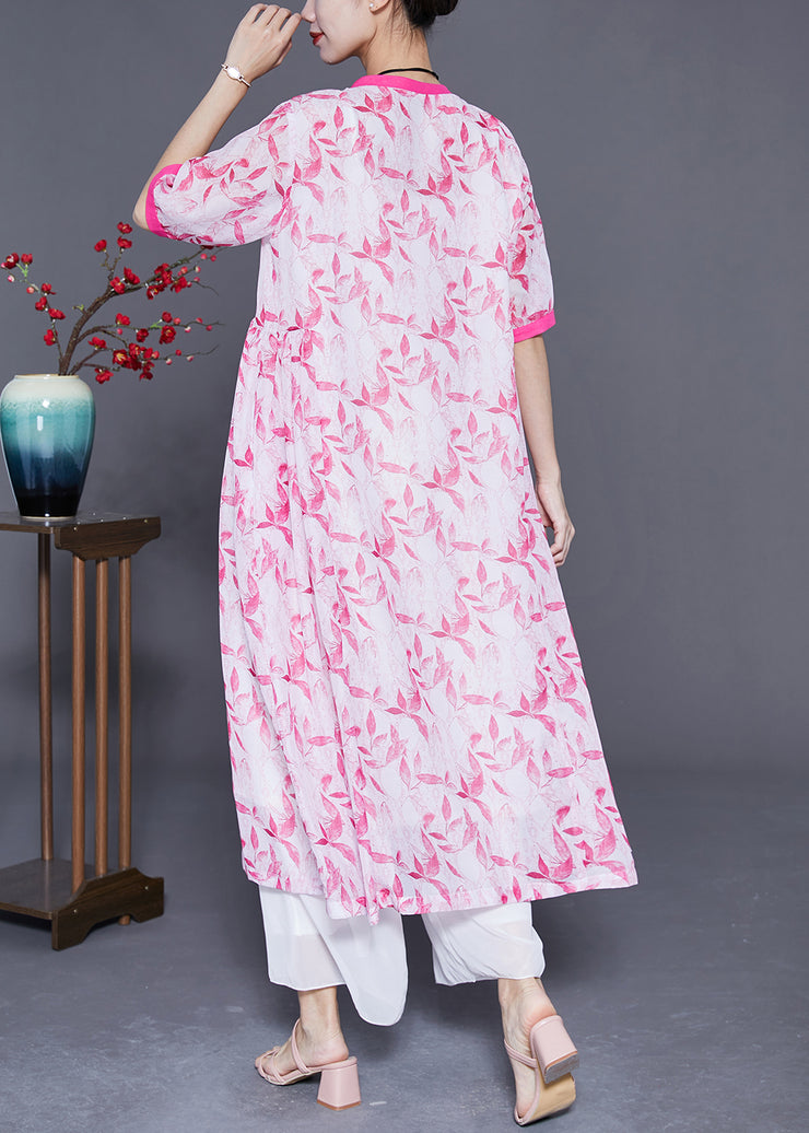 DIY Pink V Neck Patchwork Print Linen Dress Summer