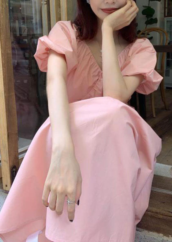 DIY Pink V Neck Wrinkled Patchwork Cotton Long Dress Summer
