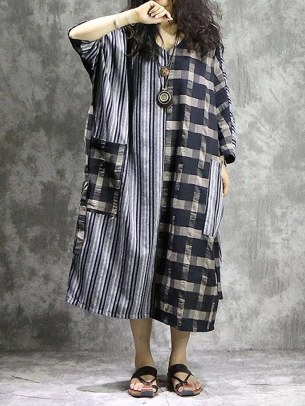 DIY Plaid patchwork striped cotton linen quilting dresses v neck pockets Maxi Dress - SooLinen