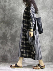 DIY Plaid patchwork striped cotton linen quilting dresses v neck pockets Maxi Dress - SooLinen