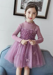 DIY Purple Butterfly Embroidered Floral Patchwork Tulle Girls Long Dresses Fall