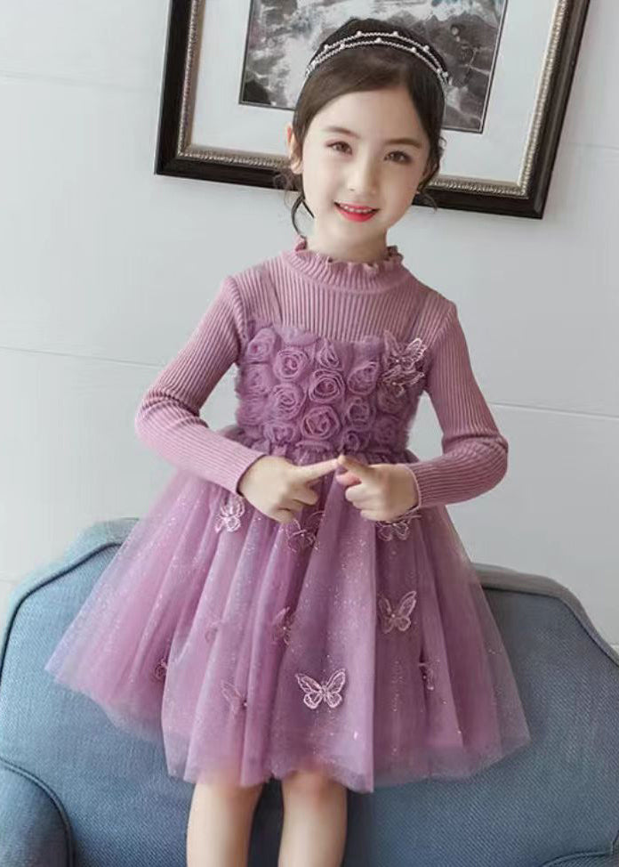 DIY Purple Butterfly Embroidered Floral Patchwork Tulle Girls Long Dresses Fall