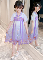 DIY Purple Embroidered Tassel Tulle Girls Long Dresses Summer
