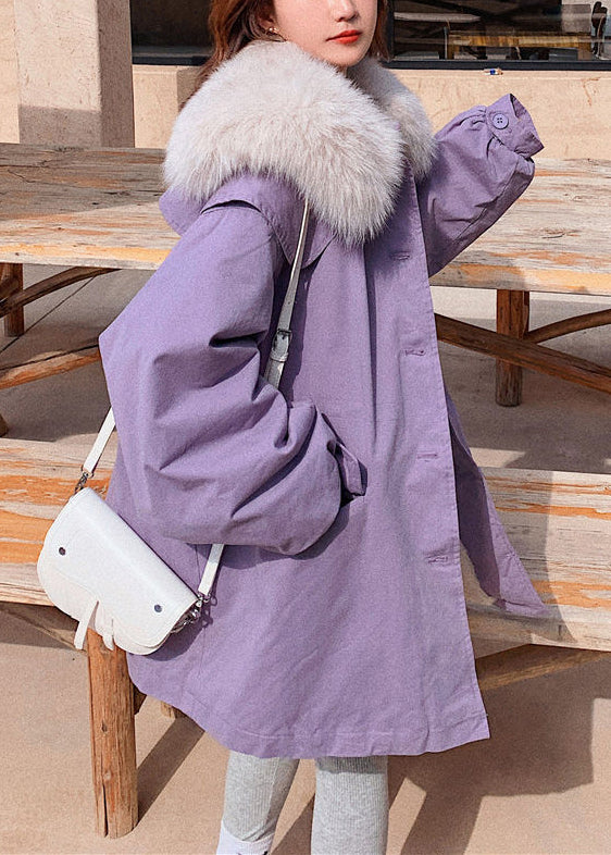 DIY Purple Fur Collar Pockets Patchwork Button Warm Fleece Parka Winter