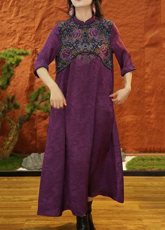 DIY Purple Mandarin Collar Patchwork Jacquard Silk Dresses Half Sleeve