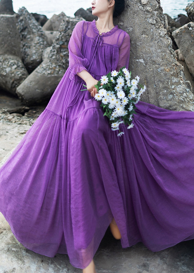 DIY Purple O-Neck Neck Tie Patchwork Chiffon Long Holiday Dresses Spring
