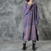 DIY Purple O-Neck side Open Print Fall Dress Long Sleeve