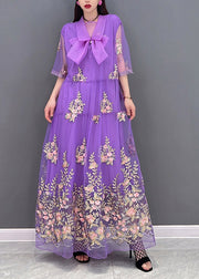 DIY Purple Peter Pan Collar Embroidered Lace Patchwork Tulle Holiday Dress Three Quarter Sleeve