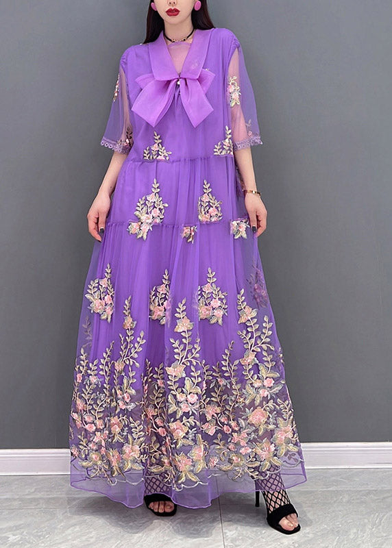 DIY Purple Peter Pan Collar Embroidered Lace Patchwork Tulle Holiday Dress Three Quarter Sleeve