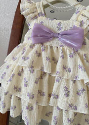 DIY Purple Print Bow Wrinkled Patchwork Cotton Kids Girls Dress Summer