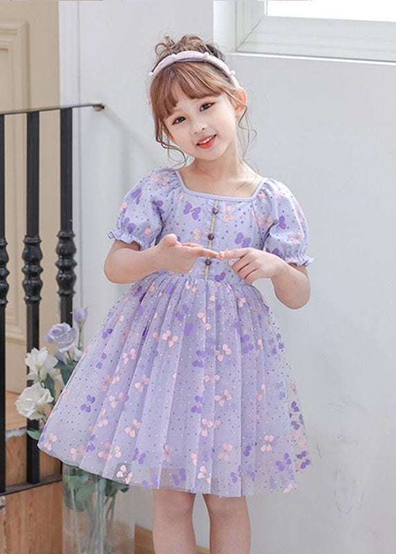 DIY Purple Square Collar Wrinkled Print Patchwork Tulle Baby Girls Dresses Summer
