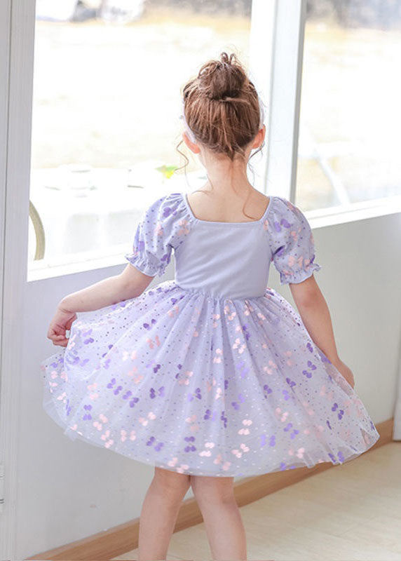 DIY Purple Square Collar Wrinkled Print Patchwork Tulle Baby Girls Dresses Summer