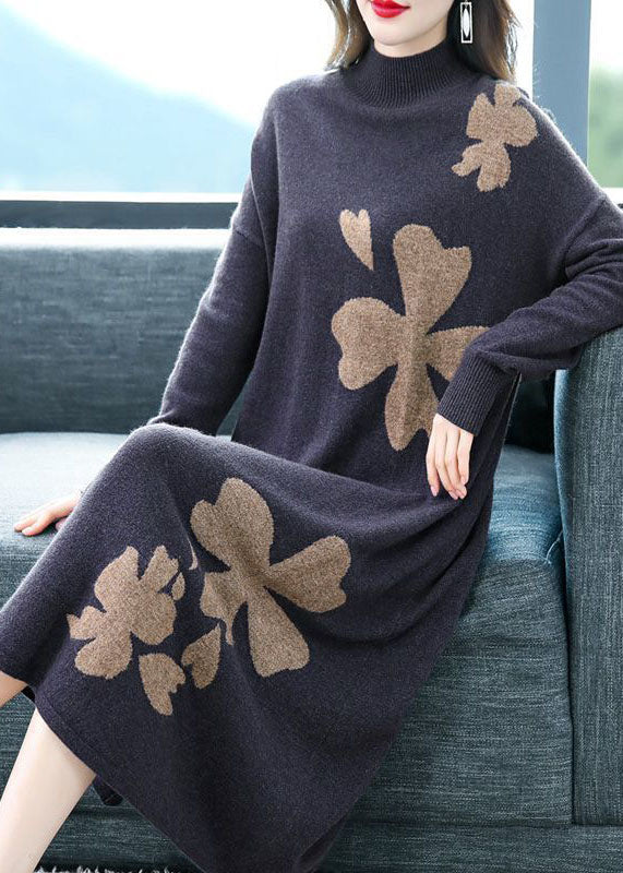 DIY Lila Stehkragen besticktes Strick-Kaschmir-Pullover-Kleid mit langen Ärmeln