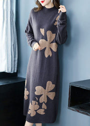 DIY Purple Stand Collar Embroidered Knit Cashmere Sweater Dress Long Sleeve