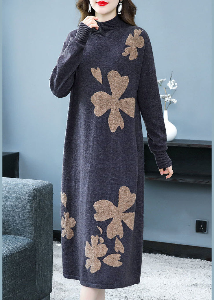 DIY Purple Stand Collar Embroidered Knit Cashmere Sweater Dress Long Sleeve