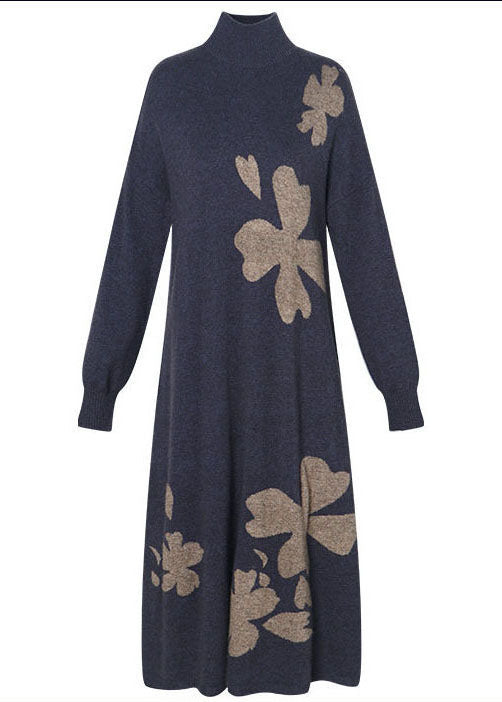 DIY Lila Stehkragen besticktes Strick-Kaschmir-Pullover-Kleid mit langen Ärmeln