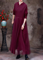 DIY Purple Stand Collar Tulle Patchwork Knit Mid Dress Long Sleeve