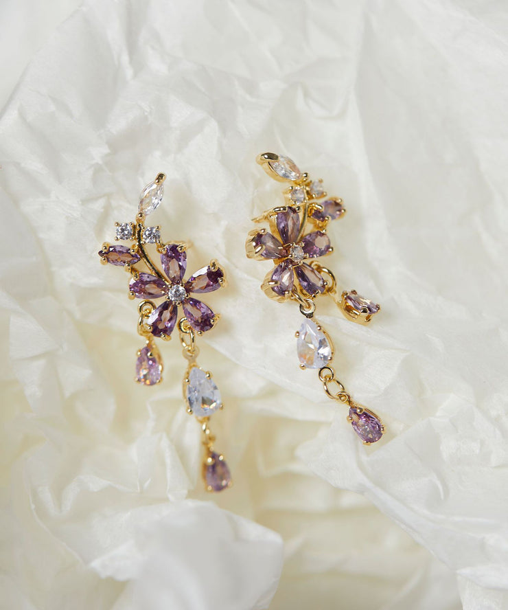 DIY Purple Sterling Silver Floral Zircon Tassel Drop Earrings