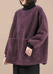 DIY Purple Turtleneck Pockets Faux Fur Loose Sweatshirt Winter