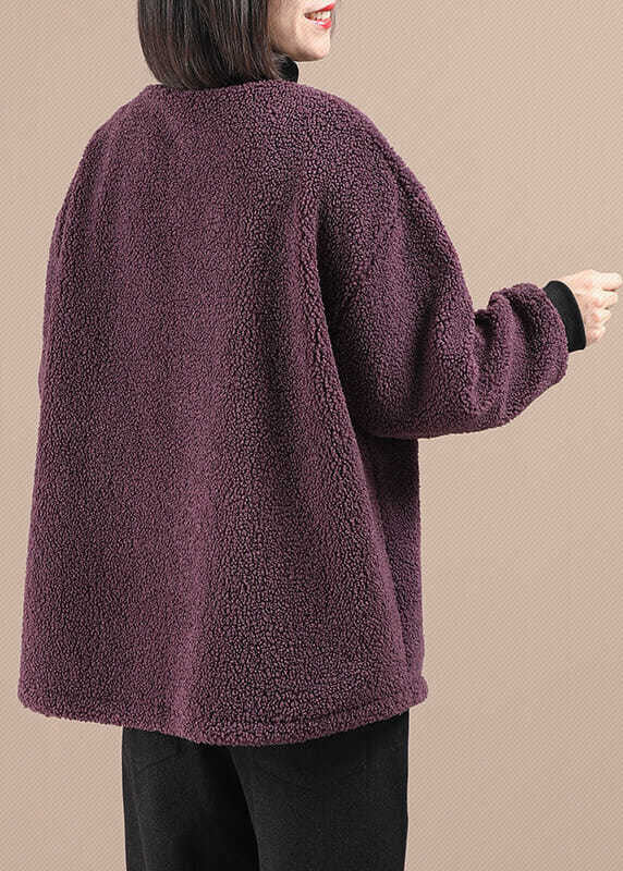 DIY Purple Turtleneck Pockets Faux Fur Loose Sweatshirt Winter