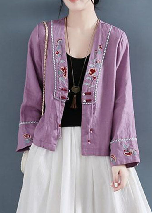DIY Purple V Neck Embroidered Patchwork Shirts Long Sleeve