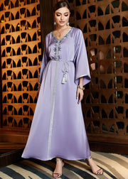 DIY Purple V Neck Patchwork Tie Waist Chiffon Maxi Dress Fall
