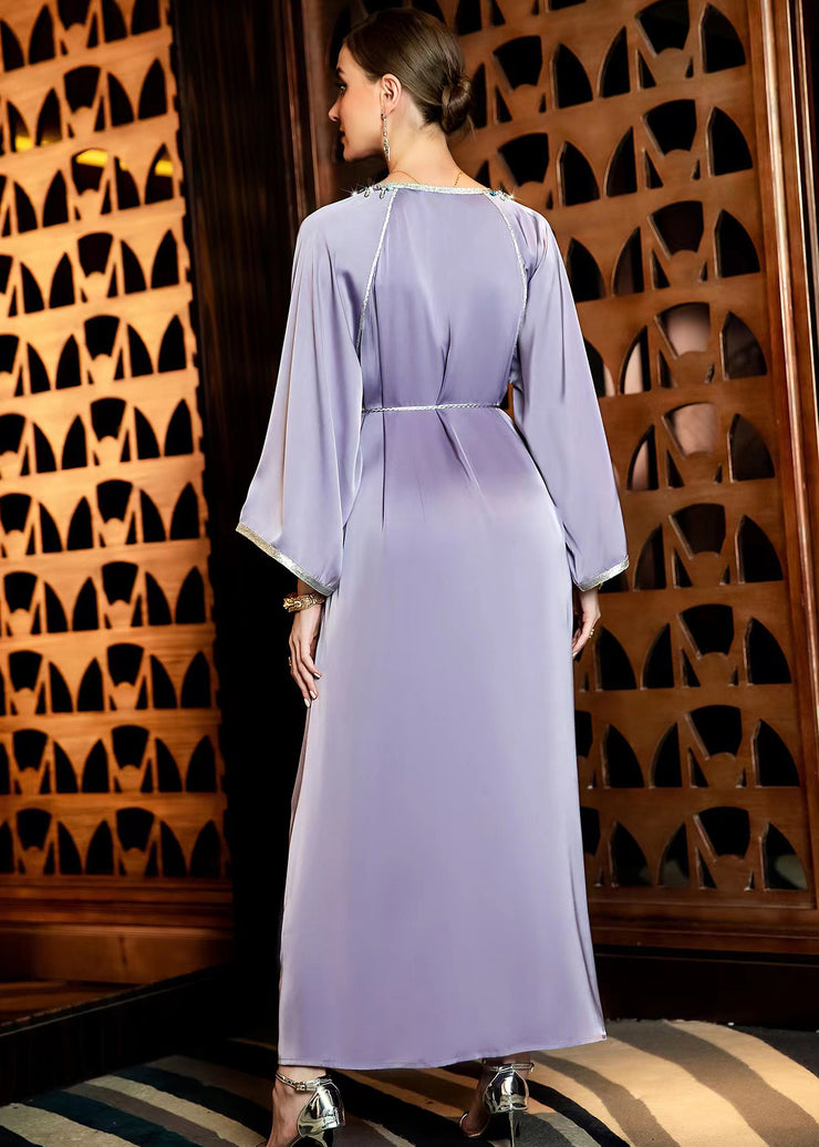 DIY Purple V Neck Patchwork Tie Waist Chiffon Maxi Dress Fall