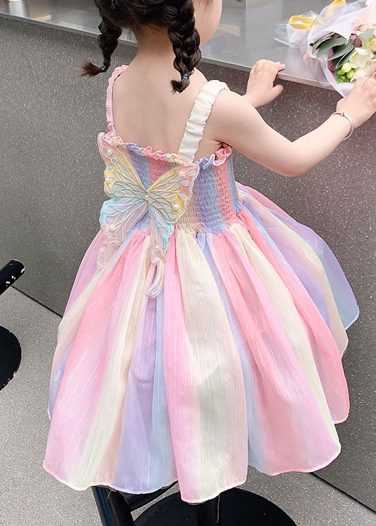 DIY Rainbow Butterfly Wrinkled Patchwork Cotton Kids Girls Dresses Summer